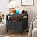 Nightstand with Charging Station, 24" End Table Side Table with Open Shelf, Modern Large Wood Fluted Bedside Cabinet for Bedroom, Living Room, Black by CozyNest Decor