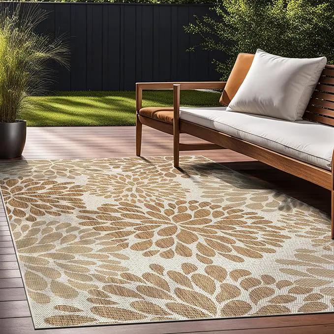Beverly Rug Outdoor Rug 9x12 Modern Exotic Tropical Leaf Area Rugs for Indoor and Outdoor Patio Deck Porch Garden Water Resistant Washable Outside Carpet (9 x 12 Beige), photo 3 of 9