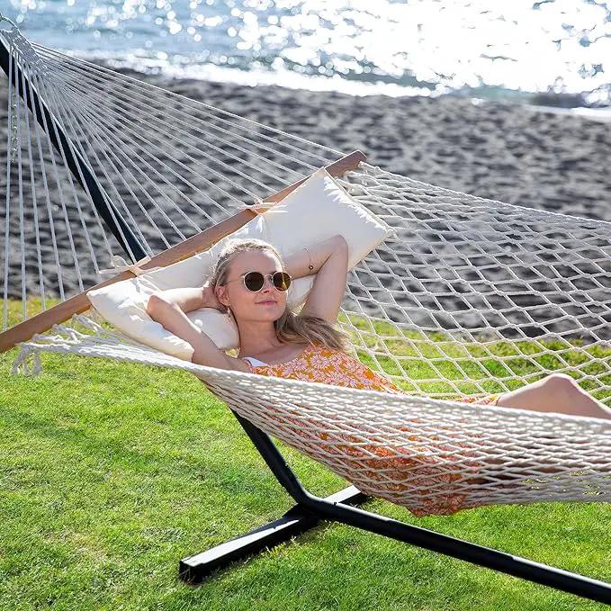 SUNCREAT Double Outdoor Hammock with Stand Included, Portable Cotton Rope 2 Person Hammock for Outdoor, Patio, Garden, Backyard, Beige, photo 2 of 7
