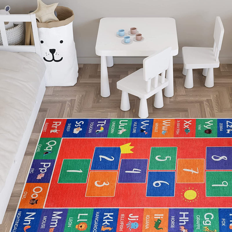 Sussex Home Low Pile Kids Rug for Playroom - Washable Cotton Educational Rug for Kids Room - 39.5 x 59 Inches - Hopscothc Pattern