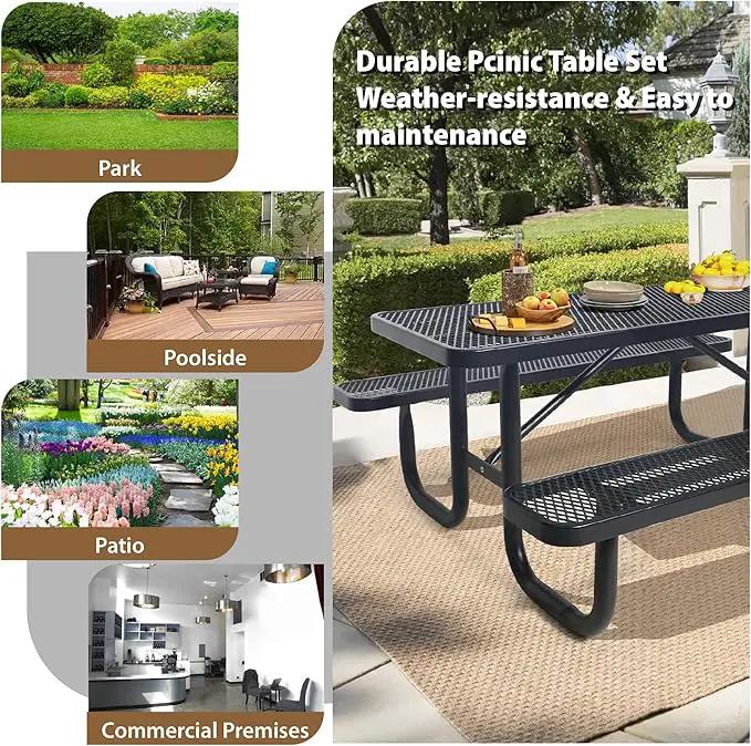 4FT Metal Picnic Tables for Outdoors, Commercial Rectangular Picnic Table and Bench Set for Outside, Patio, Garden, Backyard, Porch, Surface Mount, Black, photo 7 of 8