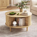 Round Coffee Table with Storage,Fluted Table with 360°Curved Sliding Doors,Solid Wood Legs, Mid Century Modern Center Table for Living Room,Apartment, Home Office,Oak,Natural by CozyNest Decor