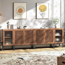 Farmhouse TV Stand for TVs up to 100 Inch, Entertainment Center TV Console with Storage Cabinets and Glass Doors,Media Console for Living Room,Brown by CozyNest Decor