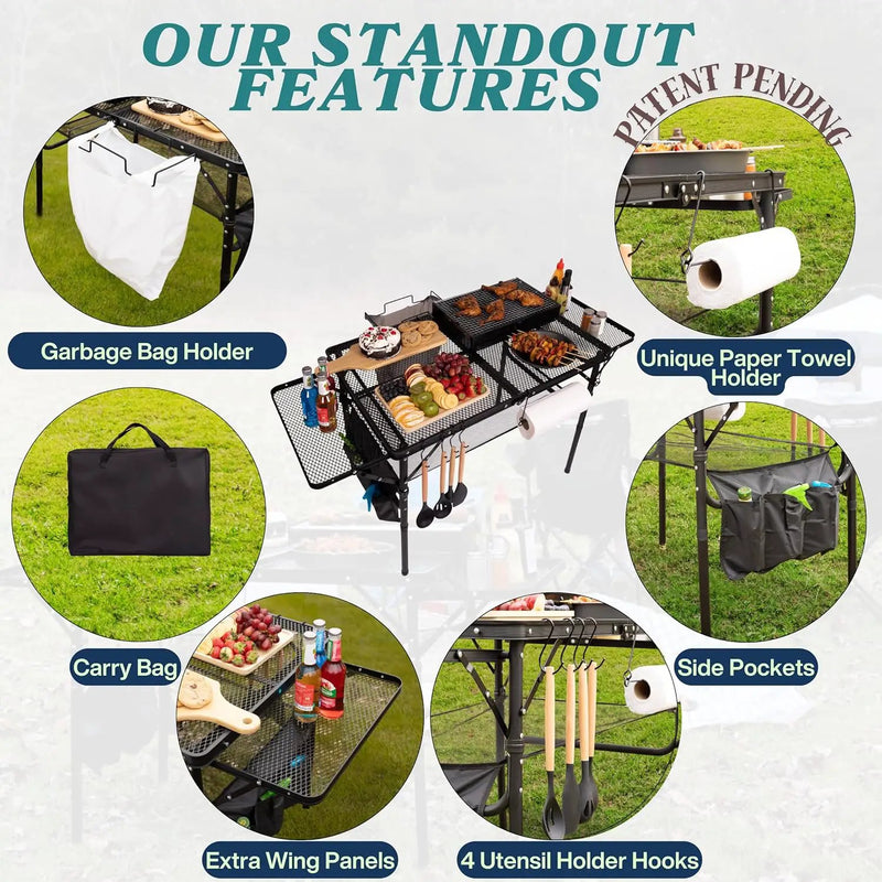 Folding Table w/ Carry Bag, Paper Towel Holder, Garbage Holder, Wing Panels, 3x2 FT Foldable Table for Portable Grill, Picnic, Outdoor, Beach, Small Folding Table Adjustable Height,Camping Table, BBQ, photo 3 of 6