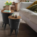 Rustic Storage Farmhouse Accent Side Table, Antique Galvanized Metal End Coffee Cocktail Table Box Bin with Round Wooden Lid Set of 2 (Black) by CozyNest Decor