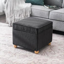 Adeco 17 Inch High Striped Flannel Black Cube Ottoman Storage, 3D Embossed Velvet Chair Foot Stools, Upholstered Vanity Stool with Hinged Lid, Solid Round Wood Legs by CozyNest Decor