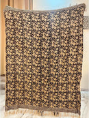 Handmade Cotton Throw Blanket, Floral Block Print, Black and Beige Wrap, 47x71 inches Decorative Woven Throw with Tassels by CozyNest Decor