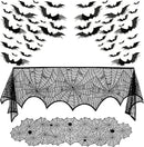 3 Pack Halloween Decorations Sets, Black Lace Spider Webs Table Runner & Halloween Cobweb Fireplace Scarf with 120 pcs 3D Bat for Halloween Indoor Decors Party Supplies by CozyNest Decor