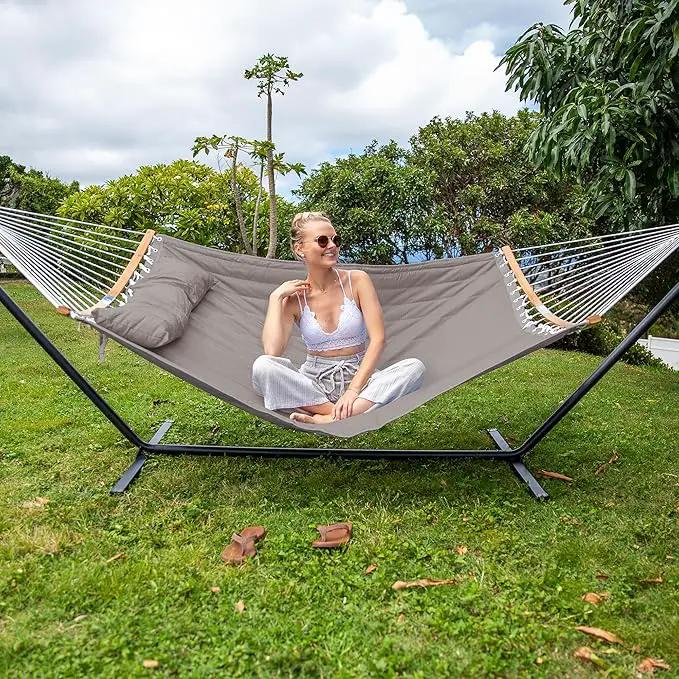 SUNCREAT Hammocks Portable Hammock with Frame, Backyard Double Hammock with Curved Spreader Bar, Brown, photo 2 of 8