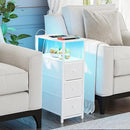 TUTOTAK Narrow LED Night Stand with Charging Station, Slim End Table with Plugins, Tall Side Table with 3 Fabric Drawer, Small Bedside Table with Storage, for Living Room, White TB01BW086L by CozyNest Decor