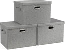 Large 17" 36 Quart Collapsible Stackable Storage Bins with Lids, 3 Packs Grey Linen Fabric Closet Boxes with Lids, Storage Cube Baskets Container Organizers for Bedroom Office(17 x12 x11) by TinyTreasures Baby Boutique