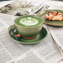 Mora Ceramic Latte Art Mug With Saucer - 10.5 oz, Round Bottom For Perfect Pours - Cafe Cups for Cappuccino, Espresso, Coffee, Tea etc - Porcelain Set for Baristas, Great Gift - Moss Green by CozyNest Decor