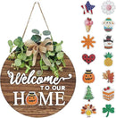 Interchangeable Seasonal Welcome Sign Front Door Decoration, Rustic Round Wood Wreaths Wall Hanging Outdoor, Farmhouse, Porch, for Spring Summer Fall All Seasons Holiday Halloween Christmas. by CozyNest Decor
