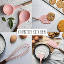 Country Kitchen Non Stick Silicone Utensil Set with Rounded Wood Handles for Cooking and Baking, 8 Piece Set, Pink by CozyNest Decor