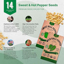 Organo Republic 14 Sweet & Hot Peppers Seeds Variety Pack - 1,030+ Non-GMO Heirloom Pepper Seeds for Outdoor and Indoor Home Gardening, Including Pepper Cayenne, Habanero, Jalapeno, Poblano, Serrano by GreenHaven Gardens