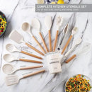 Country Kitchen Non Stick Silicone Utensil Set with Rounded Wood Handles for Cooking and Baking, 14 Piece Set, Khaki by CozyNest Decor