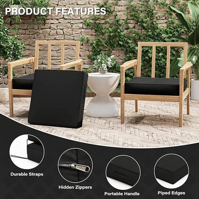 Patio Chair Cushions 22 X 22 X 4 Inch Waterproof Outdoor Seat Cushions for Patio Furniture, Outdoor Sofa Couch Pads with Ties & Handle, Set of 2, Black, photo 4 of 6