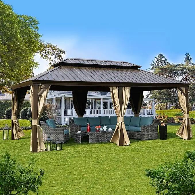 Kozyard Alexander 12' X 20' Permanent Aluminum Hardtop Gazebo with Galvanized Steel Double Roof Canopy, Curtain and Netting or Patio, Backyard, Deck, Lawn (Brown)