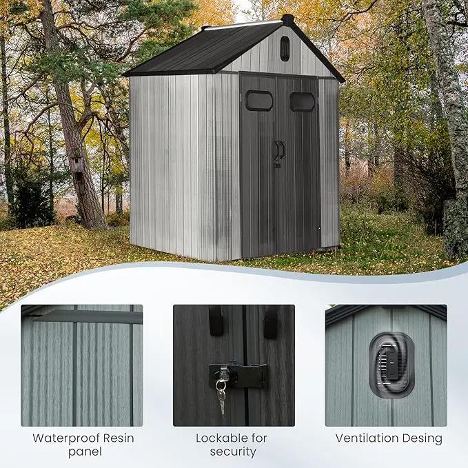 Domi 5x3 FT Outdoor Resin Storage Shed, All-Weather Double-Wall Storage Building for Backyard, Garden, Lawn Tools, Mower, Bike & Pool Equipment, Lockable Doors, Ventilated Roof, Grey, photo 8 of 9