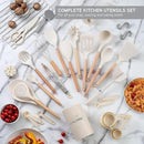 Country Kitchen Non Stick Silicone Utensil Set with Rounded Wood Handles for Cooking and Baking, 38 Piece Set, Khaki by CozyNest Decor