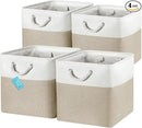 OrganiHaus 13x13 Cube Storage Bins 4 Pack, Foldable Cube Storage Organizer w/ Rope Handles, Collapsible Fabric Bins for Toys, Clothes & Closet Organization, Fabric Square Baskets - Beige/White by CozyNest Decor