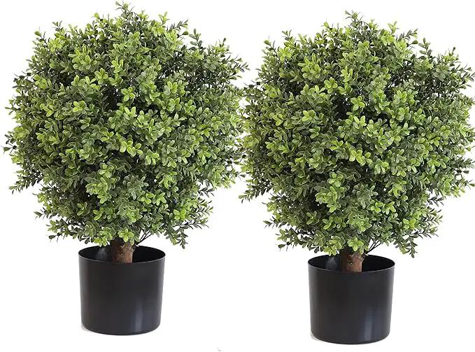 Artificial Topiary Ball Tree, 2 Pack Artificial Plants Outdoor, Ball Shaped Boxwood Topiary, Artificial Shrubs Potted for Indoor and Outdoor (22inch)