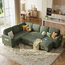LINSY HOME Sectional Sleeper Sofa with Pull Out Couch Bed Convertible Plush Corduroy Cloud Couch with Storage Chaise & USB Charging, Comfy Modular Couches for Living Room (Green) by CozyNest Decor