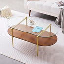 Oval Glass Coffee Table, Mid-Century Modern Design, L41 x W21 x H17 inch, for Living Room, 2-Tier Structure, Clear Glass Top and Walnut Finish Wood Shelf, Conical Legs with Gold Finish Frame by CozyNest Decor