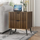 Smuxee Walnut Wooden Night Stand, Mid Century Nightstand with 2 Fluted Drawers, Bedside Table with Metal Feet, Modern End Side Table for Bedroom