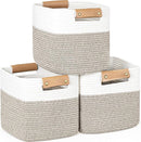 danpinera 11 Inch Storage Baskets, Woven Baskets for Organizing, 3 Pack Storage Cubes for Shelves, Closet, Nursery with Removable Leather Handles, White & Mixed Brown by TinyTreasures Baby Boutique