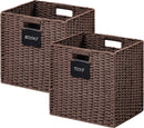 UBBCARE 2 Pack Wicker Basket, 12×12 Storage Cubes with Label, Foldable Cube Storage Bin with Handle, Square Storage Basket for Shelves, Woven Paper Rope Basket for Organizing, Brown by GreenHaven Gardens