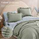 Full Comforter Set - 7 Pieces Ruffle Sage Green Bedding Sets, Shabby Chic Farmhouse Bed in a Bag Full with Ruffle Comforter, Floral Sheets, Pillowcases & Shams by CozyNest Decor