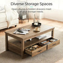 LINSY HOME Farmhouse Coffee Table with Storage, Wood Coffee Table for Living Room, Open Display Area and Storage Drawers with Metal Handles, Chic Style with Curved Base, Brown by CozyNest Decor