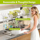 2 Tier Extra Large Stainless Steel Expandable Over The Sink Dish Drainer Drying Rack, Rust Proof Metal, Space Saving, Modern Silver Big Capacity Extendable Plate Strainers Above Kitchen Counter by CozyNest Decor