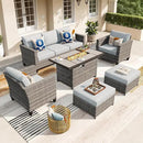 ovios 6 Pieces Patio Furniture Set with 42" Fire Pit Table, Outdoor Wicker Sofa with Comfy Cushions, All Weather High Back Rattan Couch Conversation Set, Grey by GreenHaven Gardens