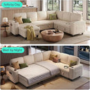 LINSY HOME Sectional Sleeper Sofa with Pull Out Couch Bed - Convertible Plush Corduroy Cloud Couch with Storage Chaise & USB Charging, Comfy Modular Couches for Living Room, Beige by CozyNest Decor