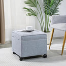 Adeco 17.5" Square Fabric Ottoman with Storage, Upholstered Cotton Linen Foot Rest, Flip Top Footstool, Small Cube Coffee Table Extra Seat for Living Room, Bedroom, Ice Blue with Rolling Legs by CozyNest Decor