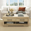 Hazel Coffee Table with 4 Storage Drawers and Open Shelf, Metal Handles, Rectangular Modern Luxury Table for Living Room by CozyNest Decor