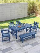 HDPE Outdoor Dining Set of 6, Patio Dining Table Set with 4 Chairs and 1 Bench, 6 Pieces HDPE Dining Set with Umbrella Hole, Outdoor Furniture Sets for Deck, Poolside, Garden, Navy by CozyNest Decor