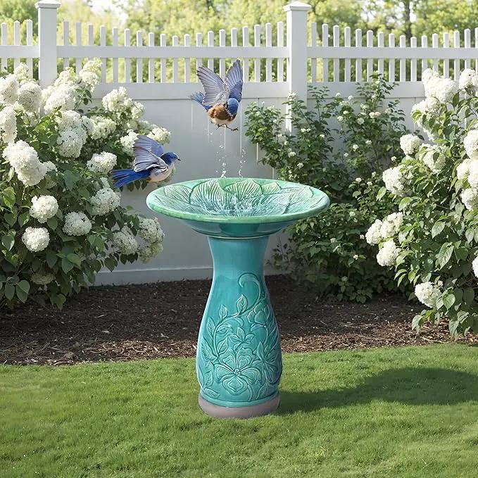LuxenHome 23 Inch Ceramic Bird Bath for Outside, Elegant Tall Outdoor Bird Bath, Lightweight Pedestal Glazed Birdbaths for Outdoors with Floral Embossed Design, Jade Green, photo 5 of 7