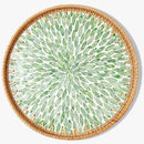 Round Rattan Tray with Mother of Pearl Inlay & Wooden Base - Decorative Wicker Serving Tray for Coffee/Bread/Fruits, Food Storage & Display - Multipurpose Home Decor (M,Green Leaves) by CozyNest Decor