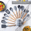 Country Kitchen Non Stick Silicone Utensil Set with Rounded Wood Handles for Cooking and Baking, 14 Piece Set, Gray by CozyNest Decor