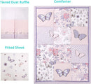 La Premura 3-Piece Purple Butterfly Baby Crib Bedding Set for Girls, Lilac Standard Size Crib Set for Baby Girl, Comforter, Fitted Sheet, and Dust Ruffle Skirt, Baby Nursery Floral Design for Girls by TinyTreasures Baby Boutique