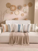 Boho Chenille Tufted Couch Throw Pillow Covers 18x18 Inch Set of 2 Farmhouse Striped Decorative Pillow Covers Accent Neutral Square Pillowcase Blue Cushion Covers for Livingroom Sofa Bed by CozyNest Decor