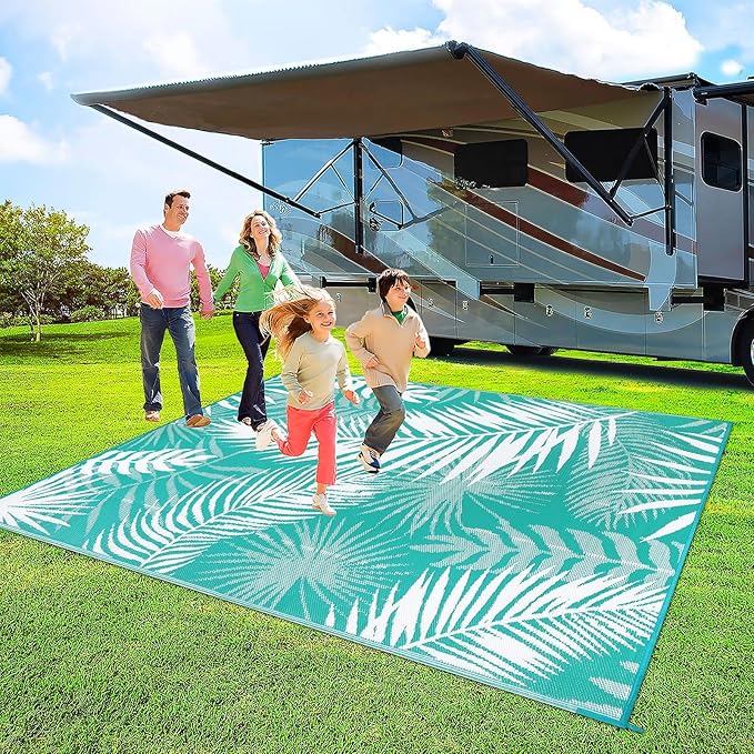 Outdoor Rug 8'x10' Waterproof for Patios Clearance, Reversible Outdoor Plastic Straw Rug Camping Carpet, Outside Floor Mats Large Area Rugs for RV,Patio,Deck,Porch, Beach,Balcony,Teal&White, photo 3 of 9
