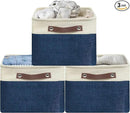SIMPLE HOUSEWARE Large Fabric Storage Bin, 15" x 11" with Leather Like Handles, 3 Pack, Steel Blue by CozyNest Decor