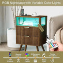Nightstand with Charging Station and LED Lights,Modern Bedside Table with 2 Storage Drawer and Open Wood Shelf, for Bedroom and Small Spaces,Night Stand with Solid Wood Legs,Walnut Brown by CozyNest Decor