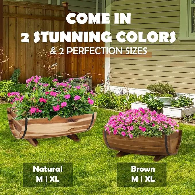 IDZO Solid Acacia Wood Half Barrel Planters Outdoor Set of 2 Different Sizes, Wooden Planters for Outdoor Plants with Metal Bands & Drainage Holes, Legs Included, Natural, photo 5 of 6