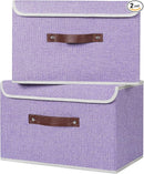 ANMINY 2PCS Storage Bins with Lid PU Leather Handles Storage Boxes PP Plastic Board Decorative Foldable Lidded Cotton Linen Fabric Home Cubes Baskets Closet Organizer Containers - Purple, Large Size by TinyTreasures Baby Boutique