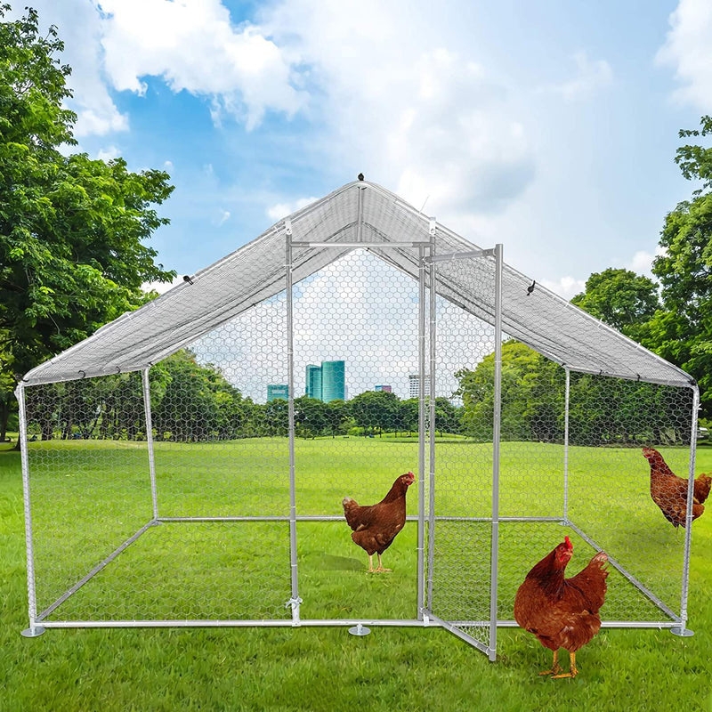 Outdoor Large Metal Chicken Coop 10' x 6.5' x 6.5' Walk-in Poultry Cage Backyard Hen House with Chicken Run Cover